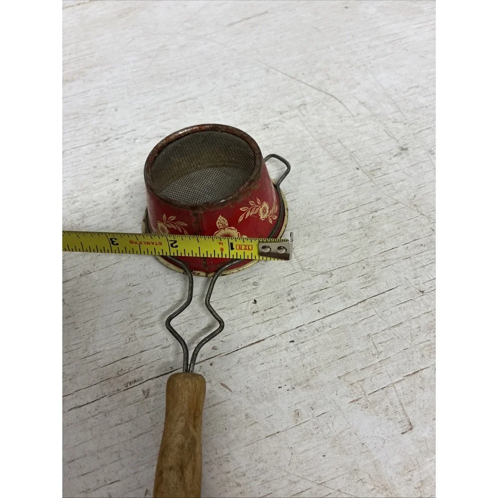 Rare Color Vintage RED & BEIGE FLOWERS Small SIFTER Enamelware Kitchen Scoop